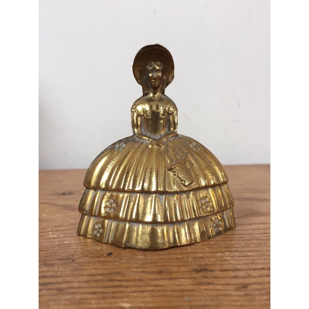 Vtg 3" Antique Solid Brass Woman Hoop Skirt Bonnet Figural Dinner Bell England